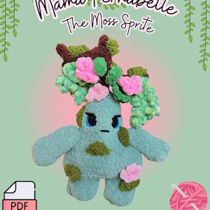 May include: A crochet plush toy shaped like a moss sprite with a light green body, dark green patches, and pink flower accents. The top features brown branches with green and pink foliage. Text reads: Mama Fernabelle The Moss Sprite, Pattern by: Tillies_specialdesigns.