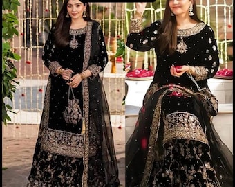 Indian Wedding Party Wear Black Velvet Suit Straight Velvet Kurta Sharara Suit Velvet Salwar Kameez Pakistani Suit 3p Set Readymade