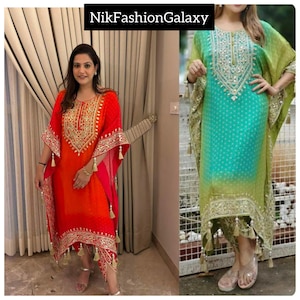May include: Two caftans are shown. One is a bright orange-red with gold embroidery and tassels. The other is a green and turquoise gradient, also with gold embroidery and tassels. The text "NikFashionGalaxy" is at the top.