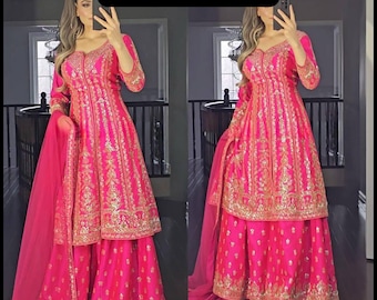 Original Sharara Kurta Dupatta Pink Satin Seide Pakistani Eid Outfit für Frauen Kleidung