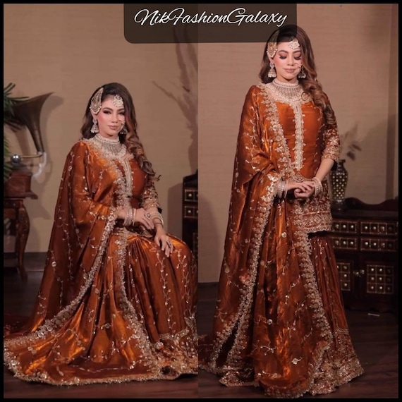 Pakistani Heavy Sharara Suit Eid Silk Kurta Palazzo Dupatta Set for Women Ramzan Wear 3p Salwar Suit Handwork Elegant Partywear Ethnic Dress
