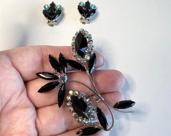Rhinestone Brooch and Earrings, Jewelry Set, Black and Blue Aurora Borealis, Clip-on, Demi-Parure, Statement, Set in Silver tone metal