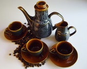 Mirostowice Espresso Set, Polish, Adam Sadulski, Mid-century, Demitasse, Strong Coffee, Cup and Saucer, Coffee Pot, Creamer, Brown and Blue
