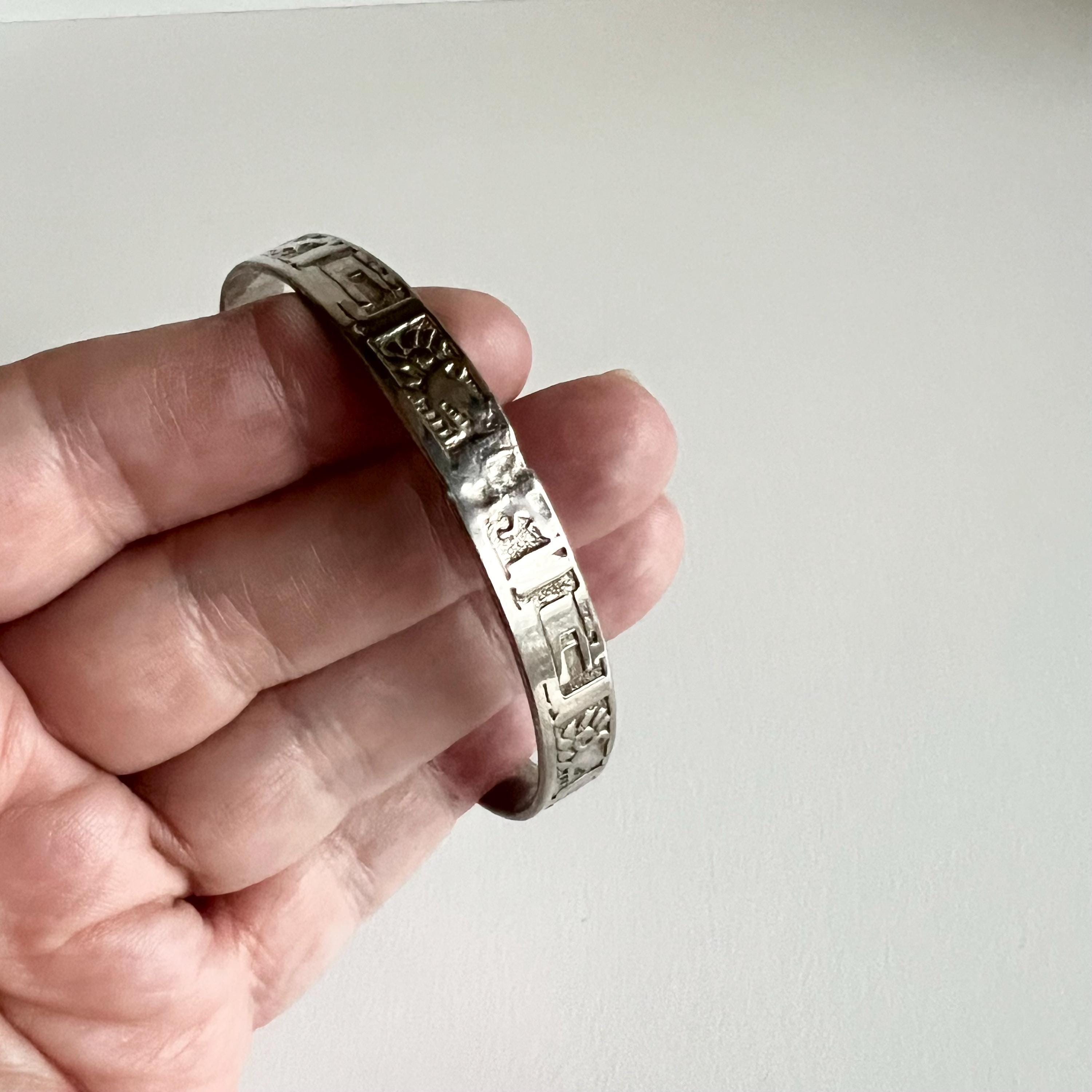 Taxco メキシカンジュエリーSTERLING 925 オニキスAztec Taxco Sterling Silver Bangle, Aztec Symbols, Mexican Bracelet