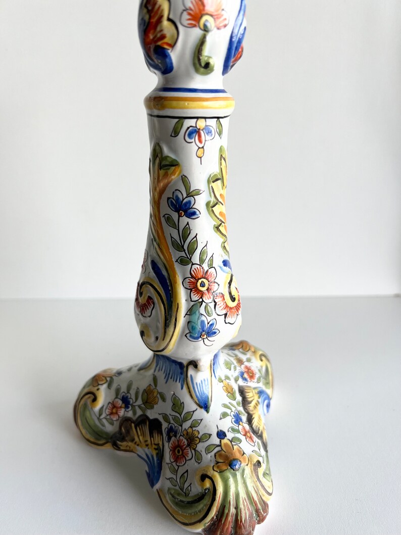 Antique French Faience Candle Stick, Made in Rouen, Hand Painted Candle Holder image 5