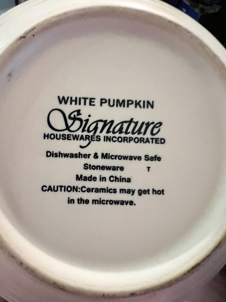 May include: White Pumpkin Signature Housewares Incorporated stoneware mug. Dishwasher and microwave safe. Made in China. Caution: Ceramics may get hot in the microwave.