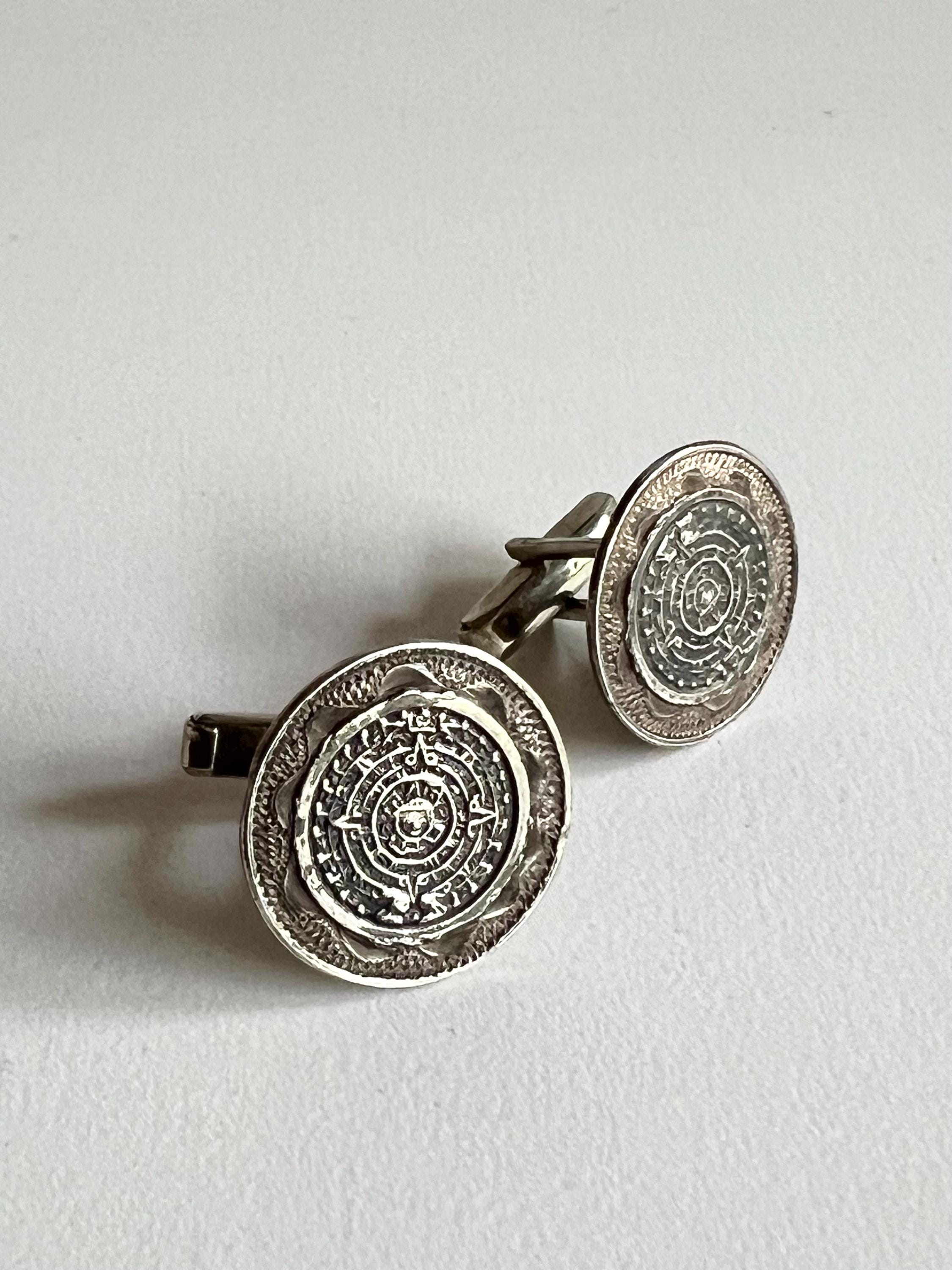 Tencha Sterling Silver Cufflinks, Vintage Mexican Artisan Cuff