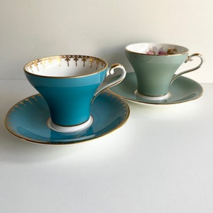 Aynsley Teacup & Saucer, Teal Turquoise, Gold, Pink, Corset Shaped, High Quality Tea Cup, English Bone China, Mothers Day Gift, Choice of 2