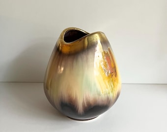 West Germany Drip Glaze Fish Mouth Vase: 1960s MCM Brown, Gold & Orange