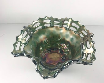 Early Fenton, Carnival Glass Bowl, Blackberry Pattern, basketweave, open cut outs, ruffle edge, small, green base, 1900s