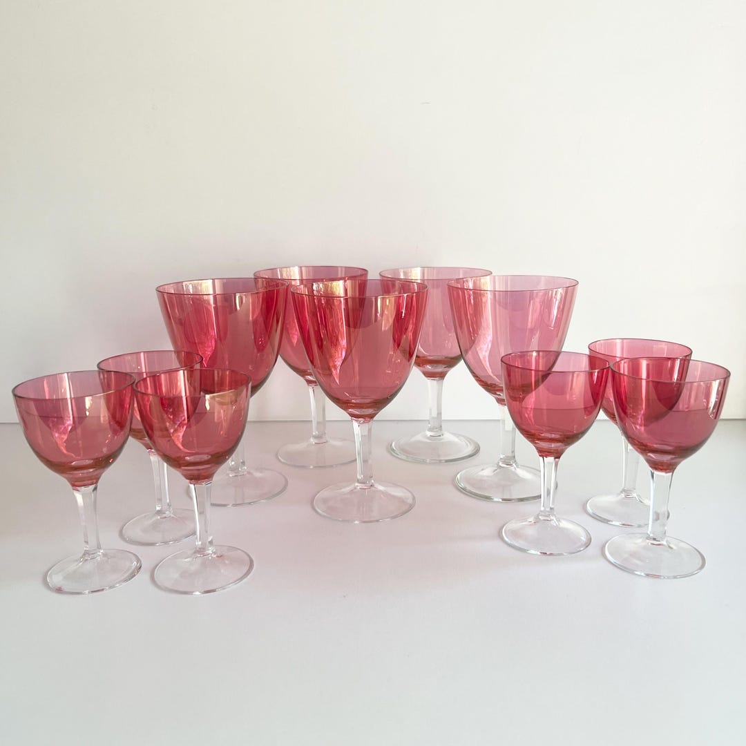 Vintage Cranberry Luster Pink Glasses, 5 Small Wine Nick and Nora