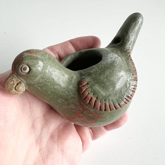 ヴィンテージ メキシコ製 粘土製 オウム 水笛、サイン入り、グリーン