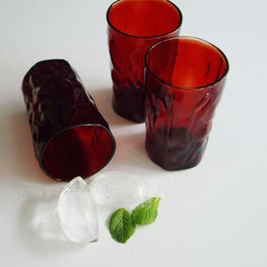 Morgantown Crinkleware vintage small juice drinking glasses in ruby red glass, Set of 3, Made in USA