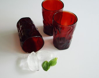 Morgantown Crinkleware vintage small juice drinking glasses in ruby red glass, Set of 3