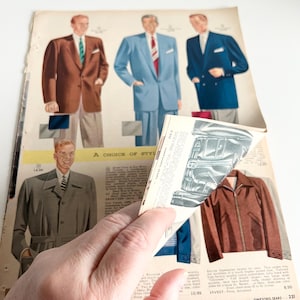 Original 1953 Simpson Sears Canada Catalog Section, men's suits, coats, pants, jackets, underwear, paper crafting, junk journaling, 15 pages