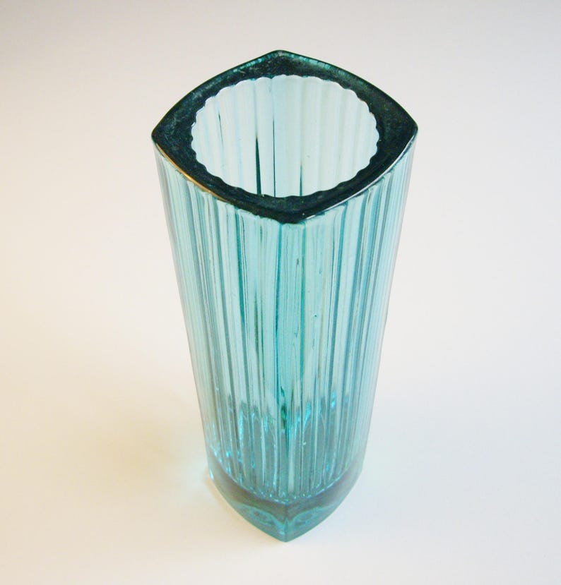 Czech Glass Vase by Milos Filip for Rosice Sklo Union, Turquoise Ribbed