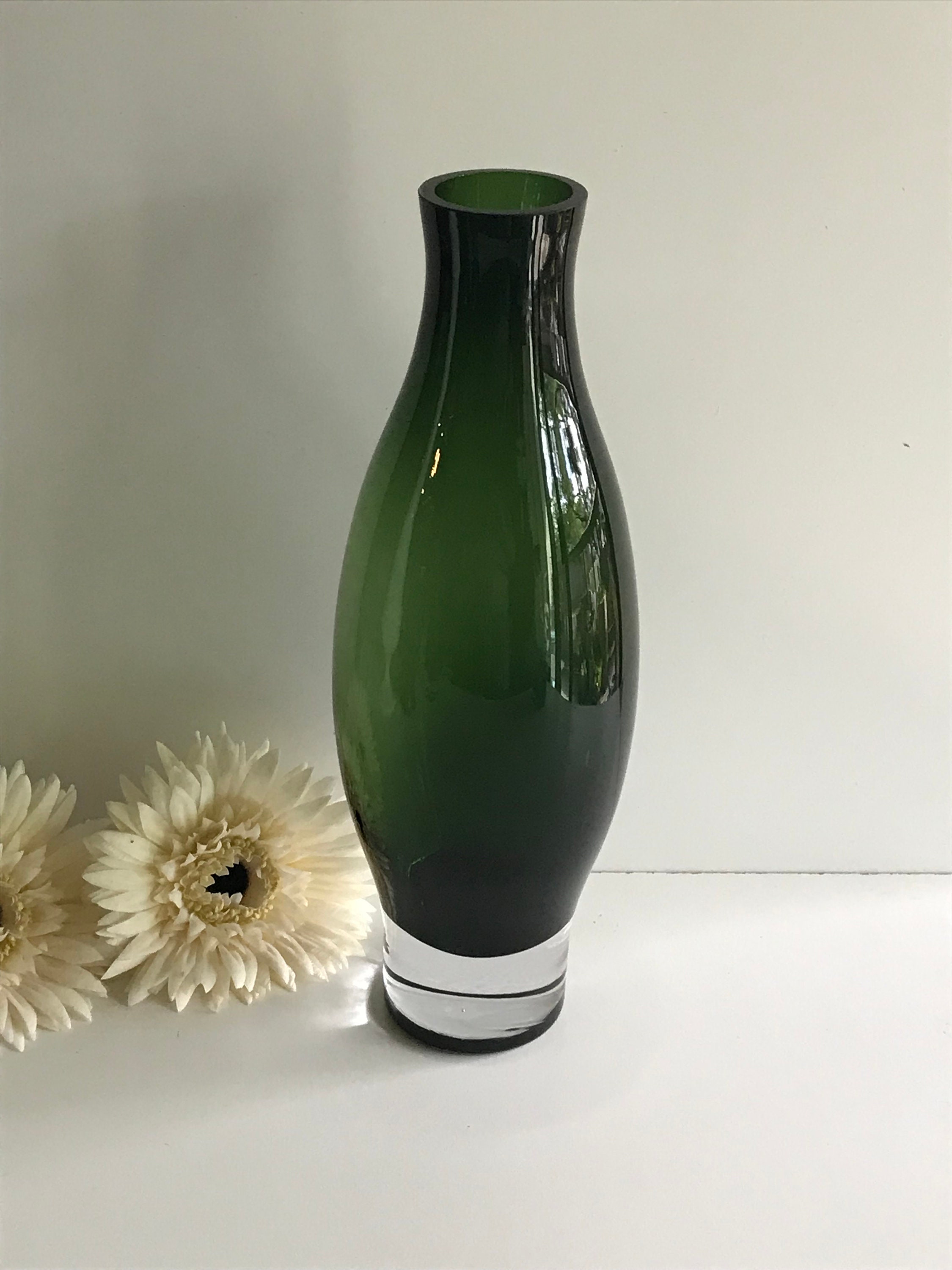 VINTAGE GREEN CRYSTAL Vase Mid Century Modern Crystal Flower Vase Bottle Stand Swedish 70s 80s