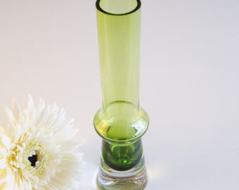 Scandinavian Art Glass Bud Vase, Riihimaen Lasi, Finnish, Leaf Green, Knot Vase, Solmuke, Small, Clear Encased, Finland