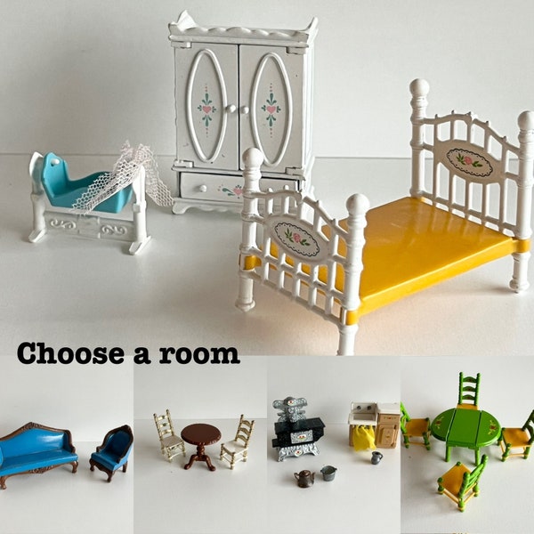 Mattel the Littles Doll House Furniture, Choose from 5 Sets, Die Cast Metal, 1980s, Bedroom, Kitchen, Dining Room, Living Room