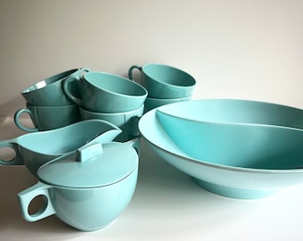 Turquoise Melmac Dishes, Cups, Cream & Sugar, Divided Serving Bowl