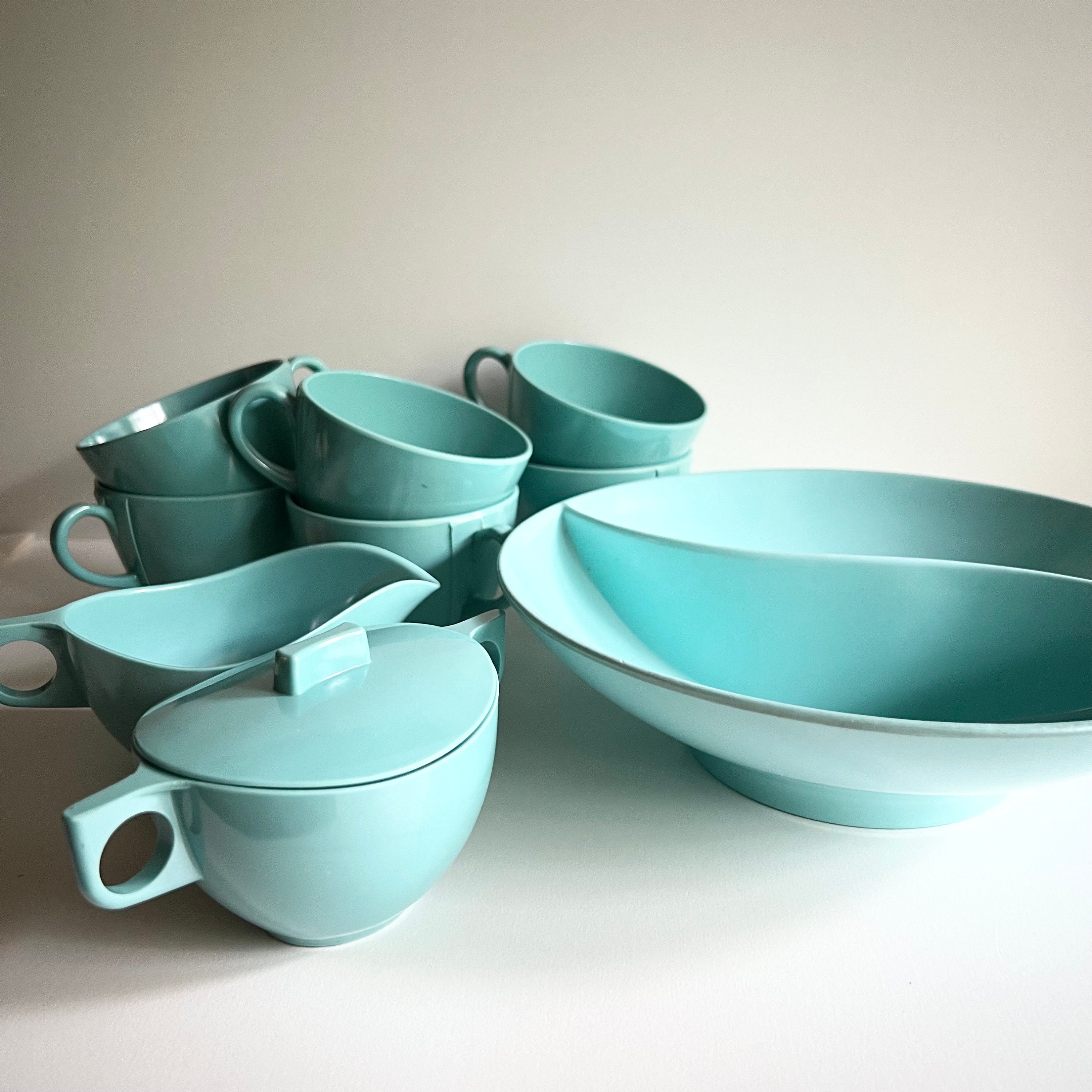 Turquoise Melmac Dishes, Cups, Cream & Sugar, Divided Serving Bowl