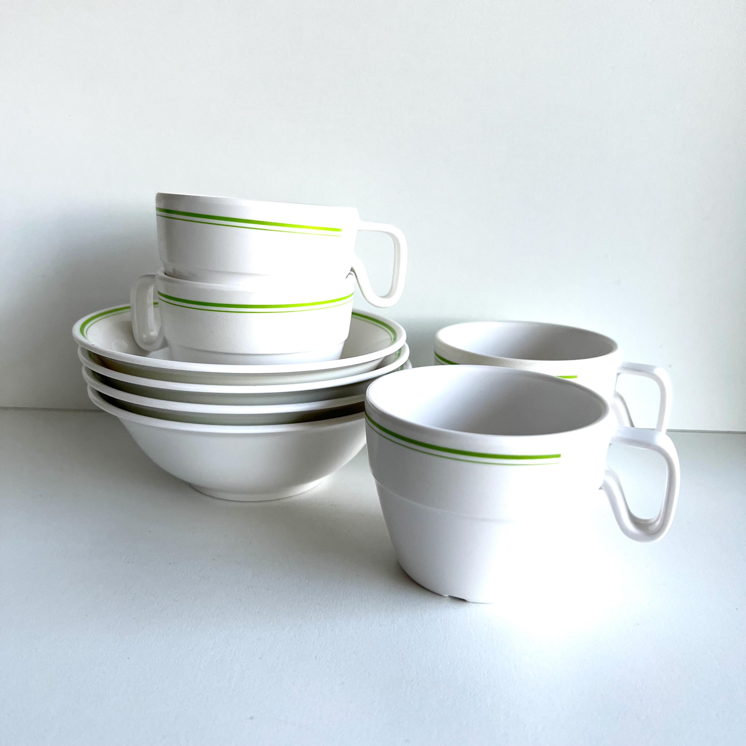 Coleman Camping Melamine Dishes, Green Stripe on White, Bowls and