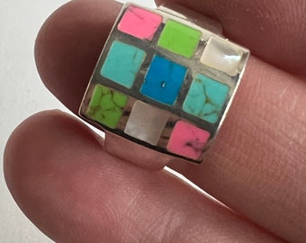 925 Sterling Silver Ring, Pastel Coloured Stones, Pink, Mother of Pearl, Turquoise, Blue, Green, Size 7