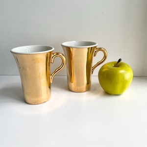 Vintage Hall Pottery USA Gold Mugs, Set of 2, Long Espresso, 6 oz