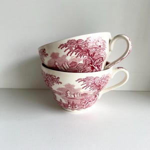 2 Large Transferware Cups, Ironstone Red & White, Mason&#39;s Vista England, Family and Dog Landscape, Bucolic Vintage, Big Sized Coffee or Tea