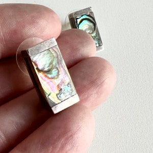 Mexican Sterling Silver Earrings, Chunky Rectangular Abalone Pierced, Marked 950, Simple and minimal