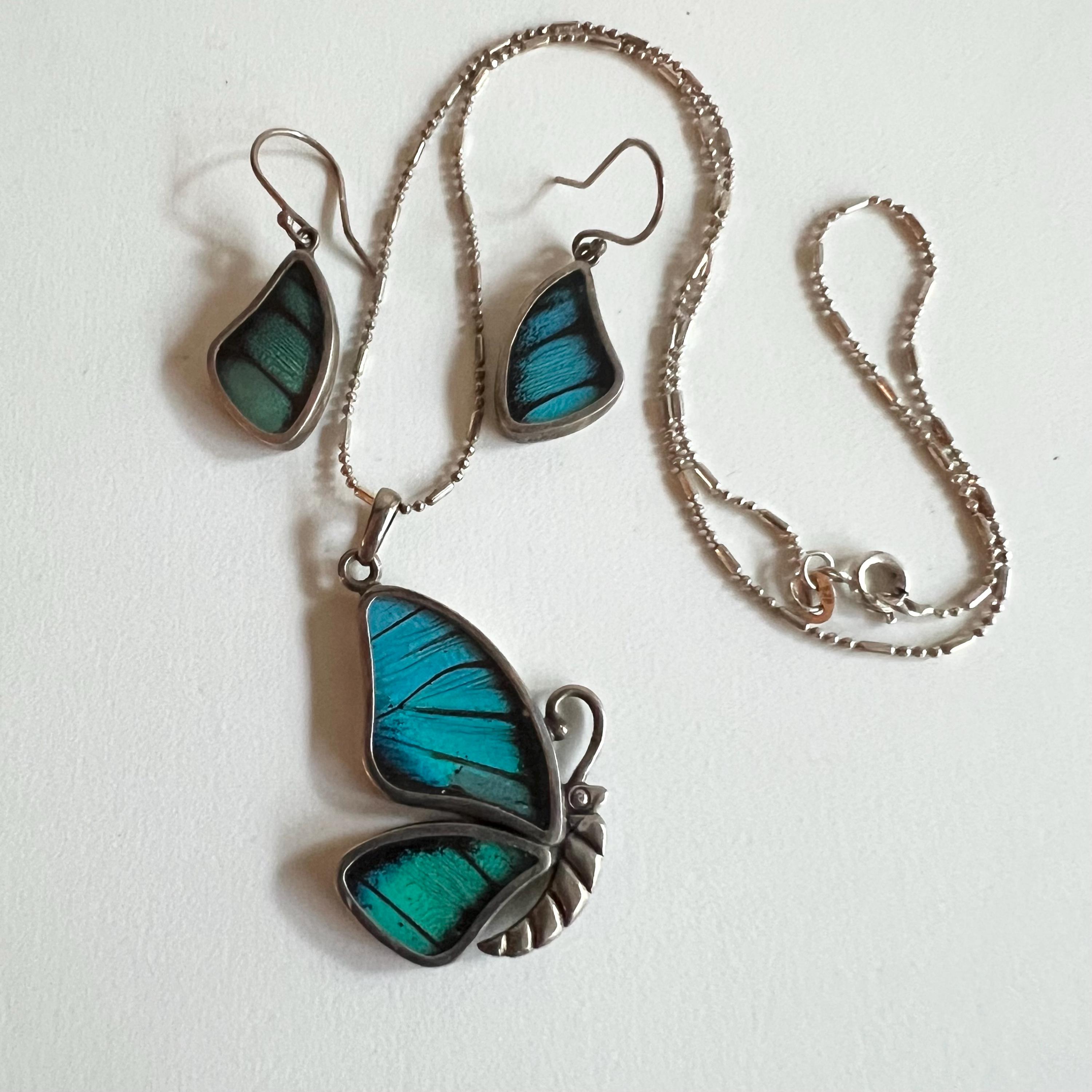 Conjunto Joyería Mariposa Para Mujer | Collar, Pulsera Y Pendientes Con Cristal Azul, Plata, Ajustable