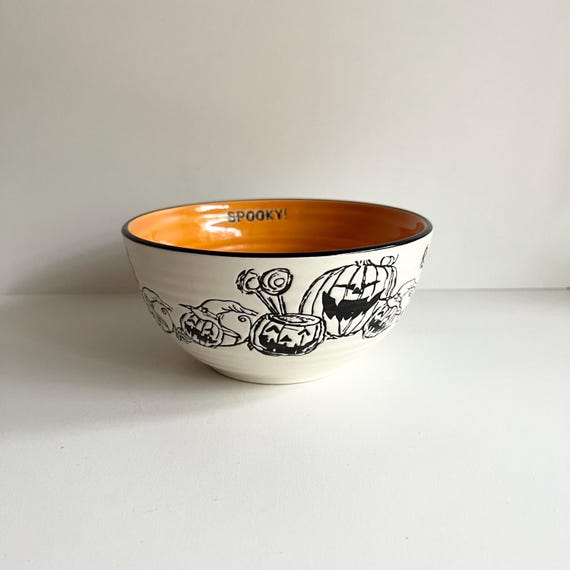 Halloween Schüssel, Signature Housewares Inc, Weißer Kürbis, Schwarze Jack-O-Laternen, mittelgroße Süßigkeitsschale