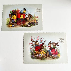 Cartes postales de Pâques allemandes vintage, lapins et poussins anthropomorphes, lot de 2, dos blanc, Frohe Ostern, joyeuses Pâques