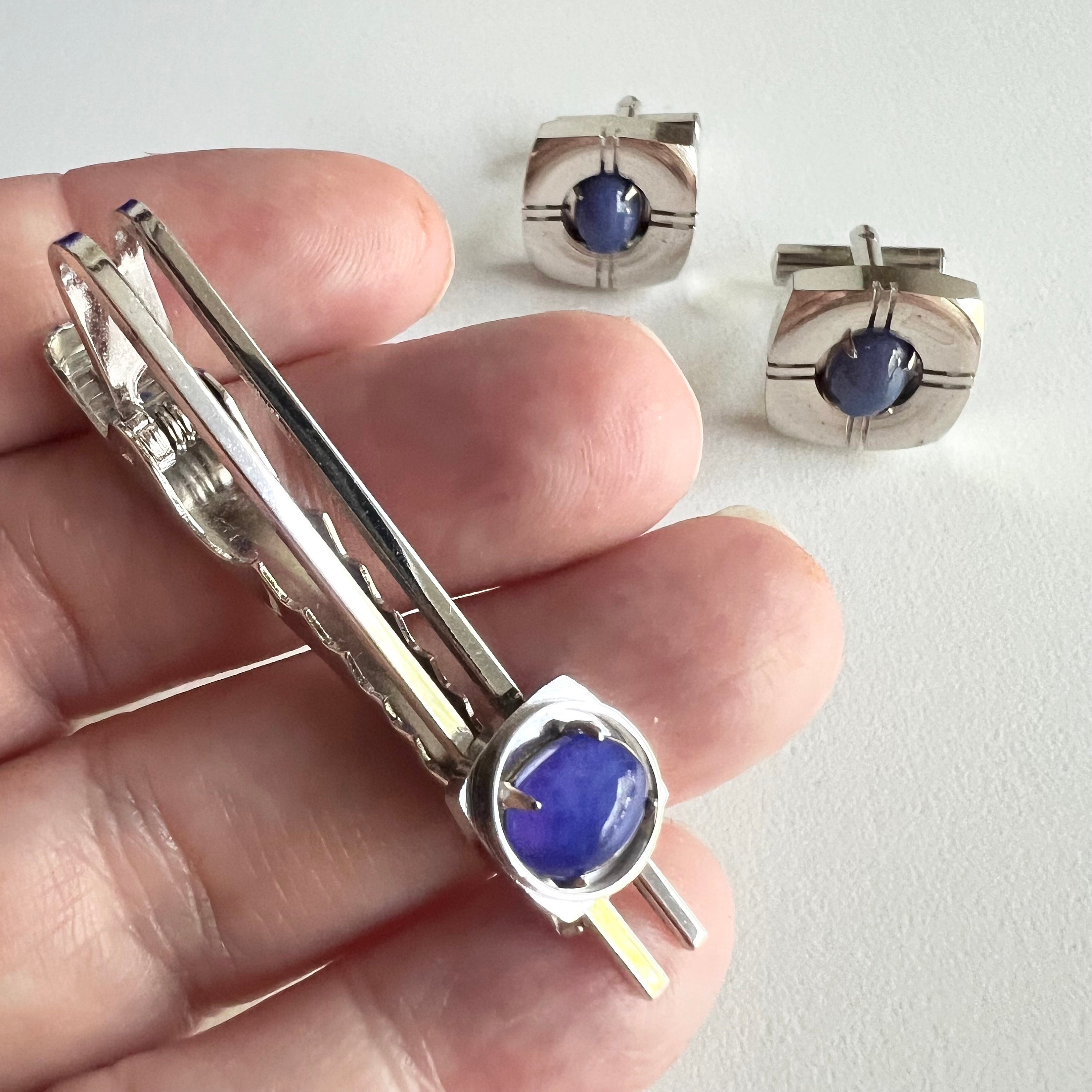 Vintage Lapis Lazuli Cufflinks and Tie Clip, Silver Tone and