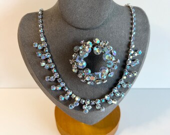 Rhinestone Brooch and Choker Necklace, Jewelry Set, Blue Aurora Borealis Rhinestones, Demi-Parure