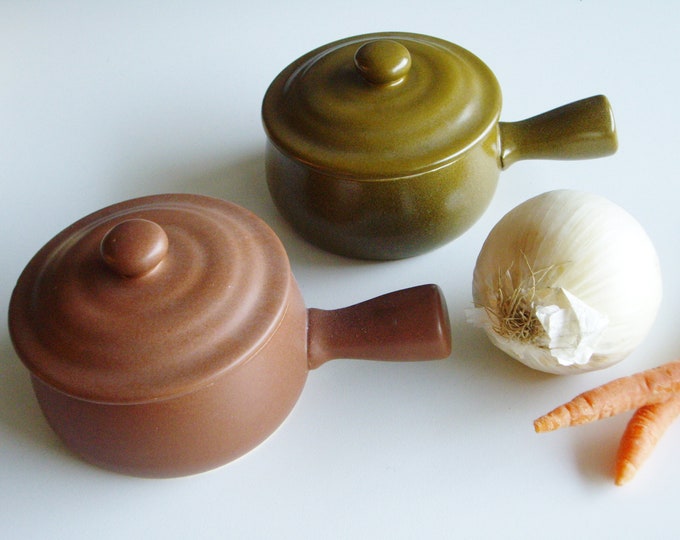 Soup Bowls With Lid and Handle, Brown and Green Matt Glazed Ceramic