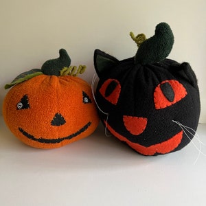 Vintage Hallmark Halloween Stuffed Jackolanterns, Cat Pumpkin, Choose from 2, Fleece Stuffies or Plushies, Orange and Black, Decor Pillow