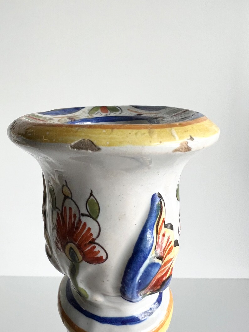 Antique French Faience Candle Stick, Made in Rouen, Hand Painted Candle Holder image 7