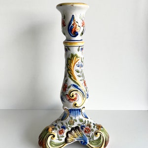 Antique French Faience Candle Stick, Made in Rouen, Hand Painted Candle Holder image 2