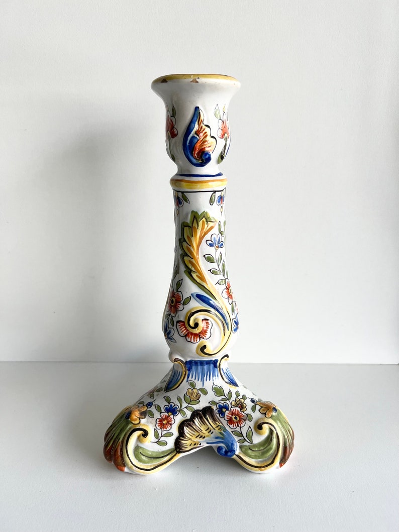 Antique French Faience Candle Stick, Made in Rouen, Hand Painted Candle Holder image 2