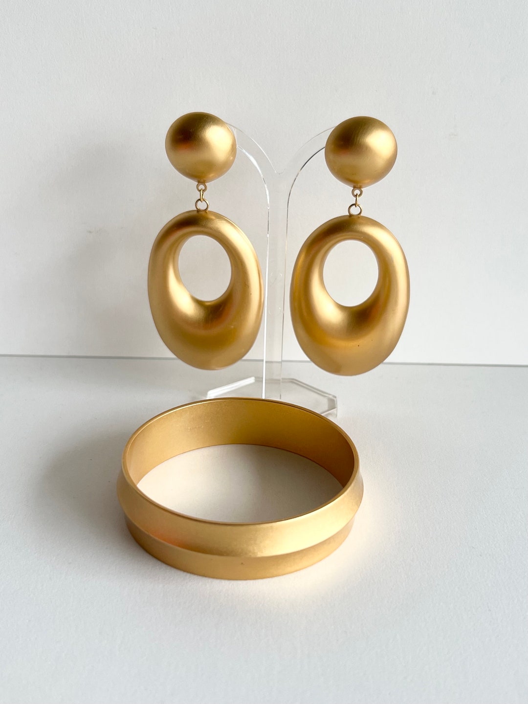Monet Bangle and Dangle Drop Earrings, Bracelet Signed, Gold Tone ...