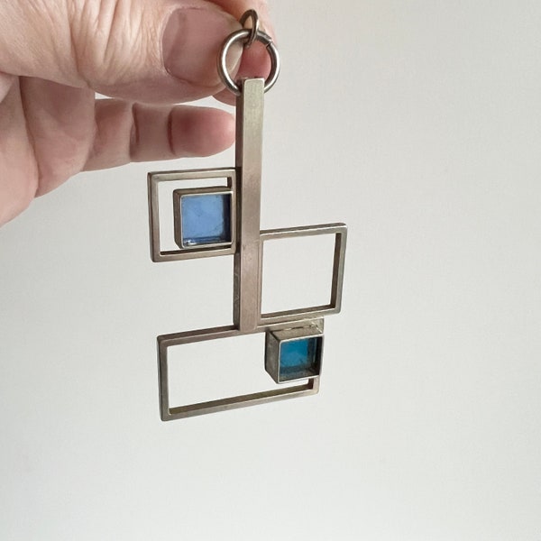 Statement Pendant, Mid Century Stained Glass, Geometric Mod, Stainless Steel, Lavender Purple and Deep Teal