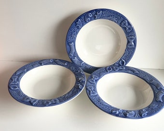 Himark Pasta bowls, Round Royal Blue Rim with Raised Pasta Design, Set of 3, Made in Italy, Italian, Hard to find