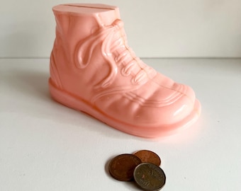 Old Plastic Vintage Piggy Bank, Kitschy Pink Baby Bootie, 1950s Reliable Toys, Made in Canada, Canadiana
