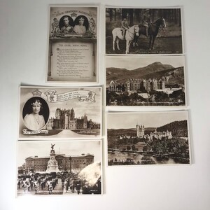 Ensemble de 6 cartes postales, reines Elizabeth I et II et roi George VI, images réelles, château de Balmoral, princesse Elizabeth à cheval, château de Glamis