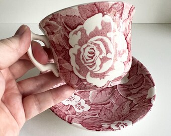 Burleigh Victorian Chintz Cup and Saucer: Red and White Floral