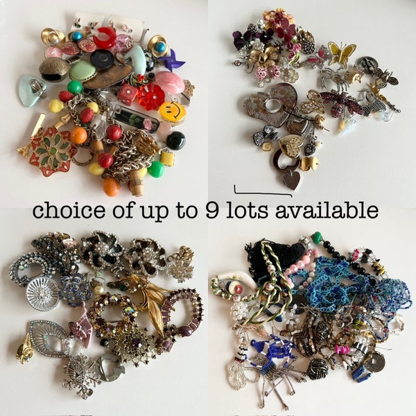 Vintage Craft Jewelry 8 oz Lot, 1930s to 2000s, rhinestone, costume broken junk jewellery, crafting, assorted colours, assemblage supply