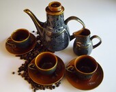 Mirostowice Espresso Set, Polish, Adam Sadulski, Mid-century, Demitasse, Strong Coffee, Cup and Saucer, Coffee Pot, Creamer, Brown and Blue