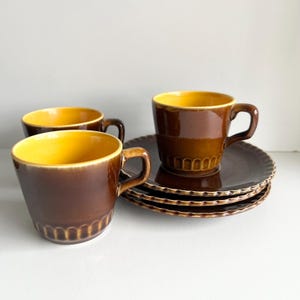 Sarreguemines Digoin France Demitasse Cups & Saucers, Mid Century, Small Espresso Coffee Cups, French porcelain, Brown and Yellow, Set of 3