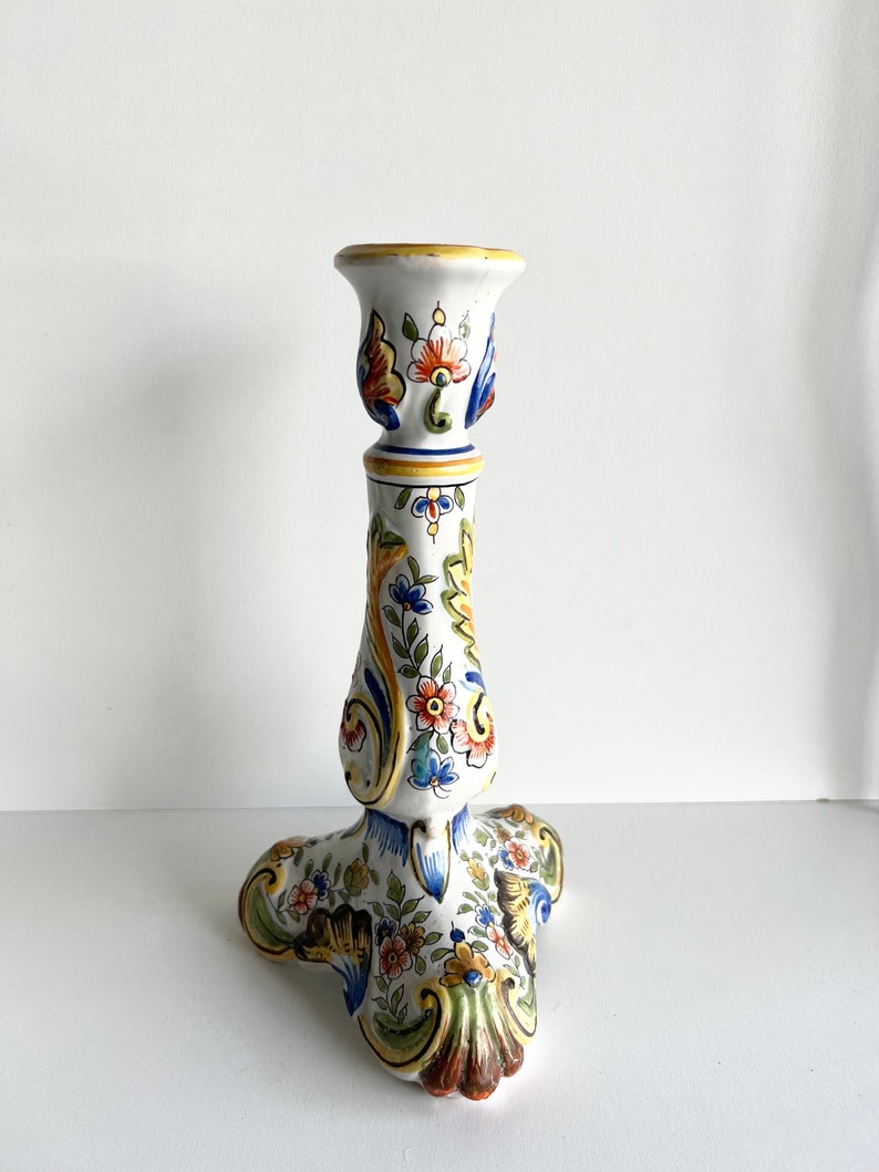 Antique French Faience Candle Stick, Made in Rouen, Hand Painted Candle Holder image 4